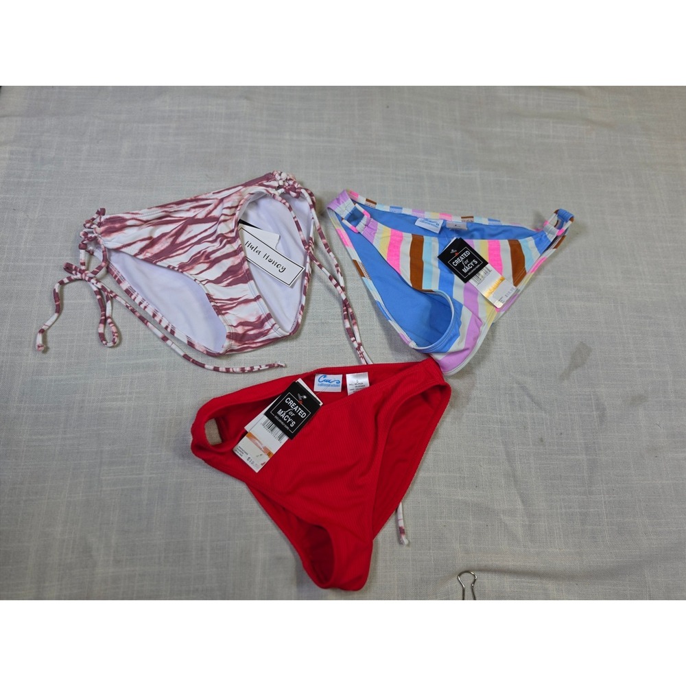 Lot 3 NWT California Waves Hula Honey Bikini Bottoms Red Striped Tie Dye S M